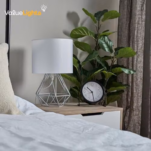 ValueLights Modern Chrome Metal Basket Table Lamp with White Fabric Shade – 2