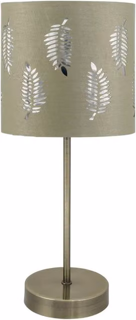 First Choice Lighting Antique Brass Stick Table Lamp with Green Fabric Shade