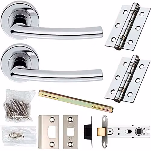 Loops Chrome Modern Curved Slim Bar Door Handle and Latch Pack with Screwless Round Rose