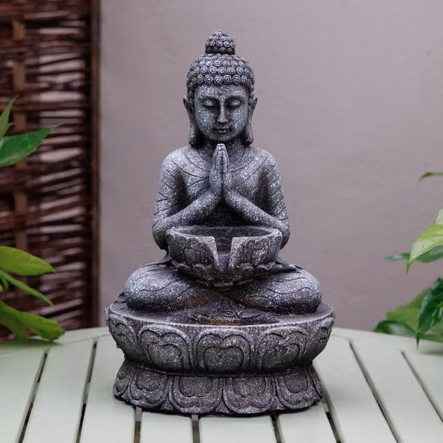 Primrose Praying Buddha Tabletop Water Feature with LED Lights in Grey