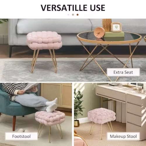 HOMCOM Pink Velvet Square Foot Stool with Metal Legs – 4