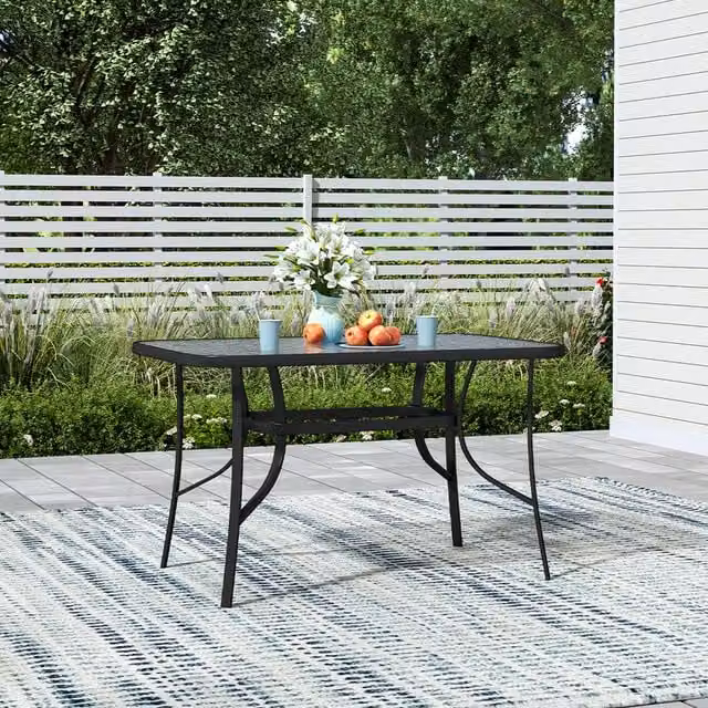 Breeins Modern Black Outdoor Garden Table with Tempered Glass and Metal Frame