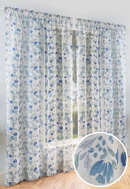 Tyrone Textiles Mia Blue Floral Print Voile Fabric Panels Pair with Rod Pocket Header, Width: 140 cm, Drop: 183 cm