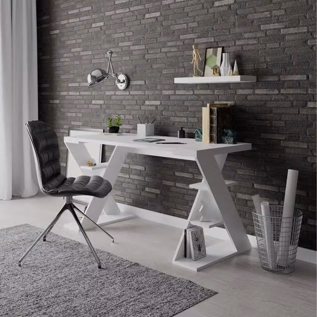 Decortie Papillon Modern Writing Desk with Bookshelf Legs, White, W/D/H: 137 x 75 x 60 cm – 1