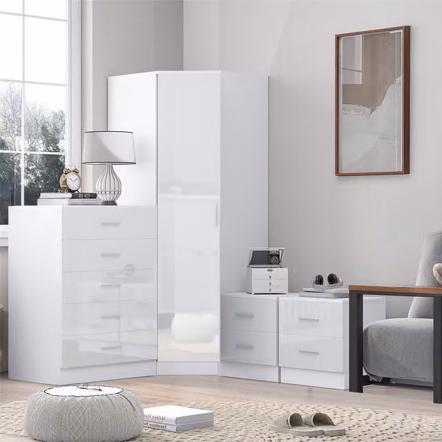 Reflect Modern Bedroom Furniture Set in White Gloss and Matt White Finish featuring Corner Wardrobe, Chest of Drawers and 2x Bedside Tables