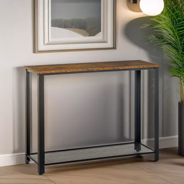 Pirlo Plush Industrial Rustic Console Table with 2 Shelves, Brown and Black, W: 101 cm, D: 35 cm, H: 80 cm – 1