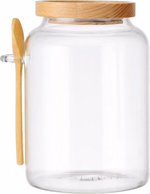 KitchenCraft Airtight Glass Storage Jar with Beechwood Lid and Bamboo Spoon, 1200ml, Clear