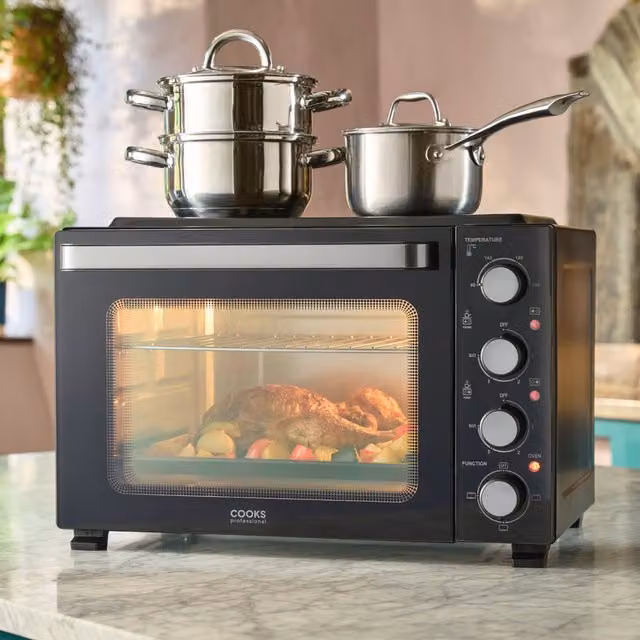 Cooks Professional 34L Mini Oven with 2 Ceramic Hobs and Grill, Black and Silver
