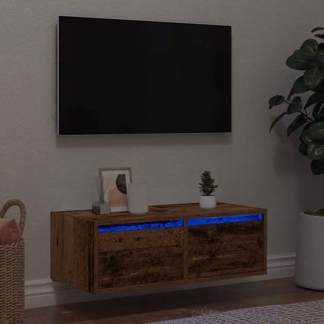 Berkfield Home TV Cabinet with LED Lights in Old Wood Brown, W: 75 cm, D: 25 cm, H: 35.5 cm
