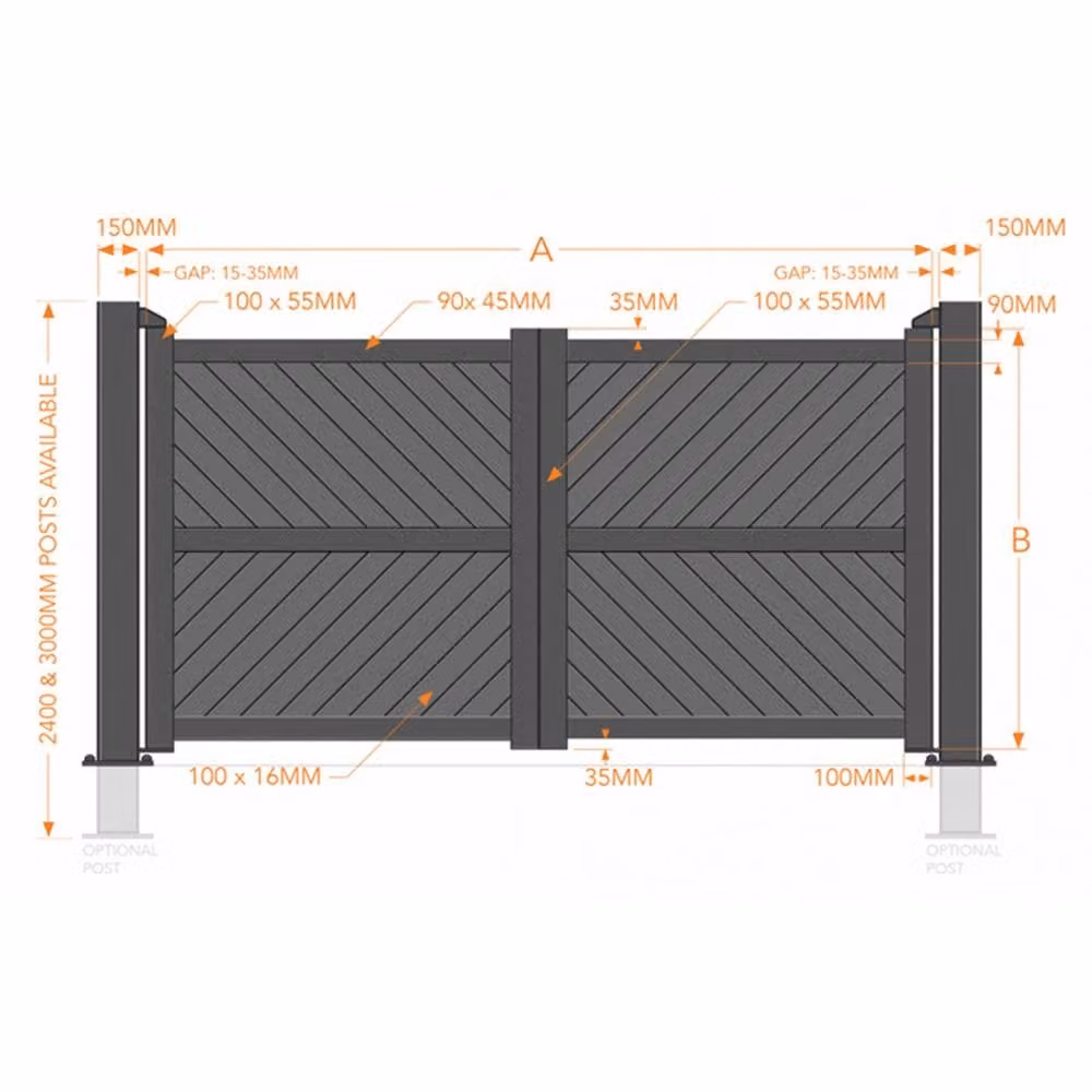 Ready Made Double Swing Gate with Diagonal Solid Infill and Flat Top in Grey, W: 325 cm, H: 160 cm – 2