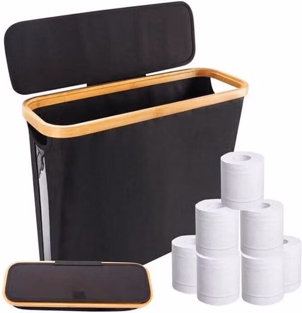 SPETLEK Waterproof Toilet Paper Storage Basket Stand with Lid, Black Bamboo and Fabric, Freestanding