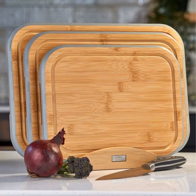 Cooks Professional 3 Piece Bamboo Chopping Board Set with Stand in Grey and Brown