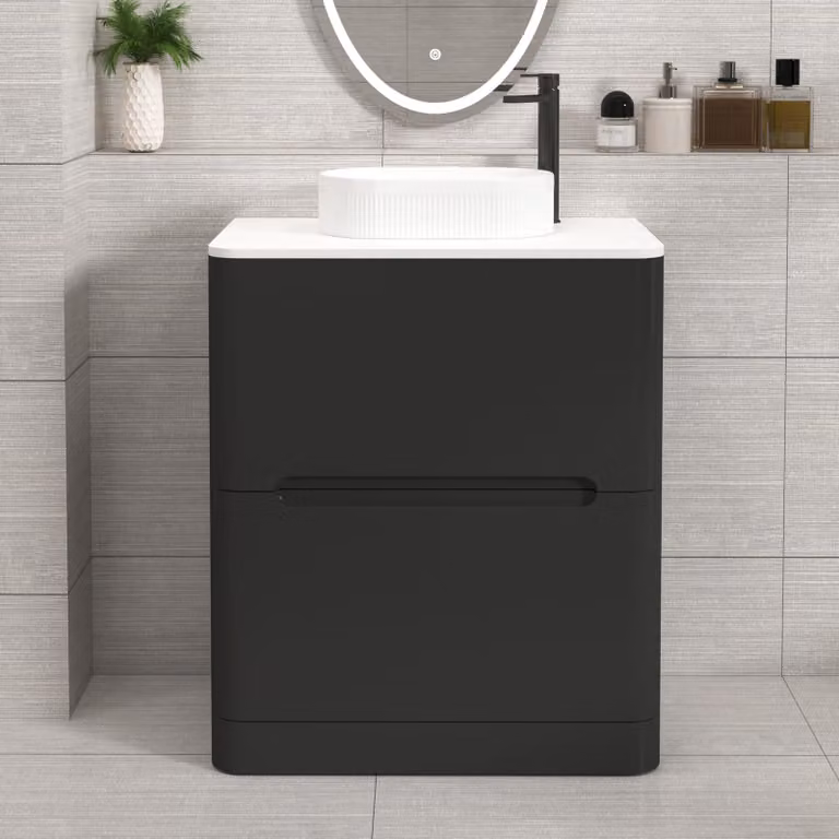 Royal Bathrooms Venice 700mm Matt Nocturne Black Floor Standing 2 Drawer Vanity Unit with Plain White Worktop and Lyon Basin