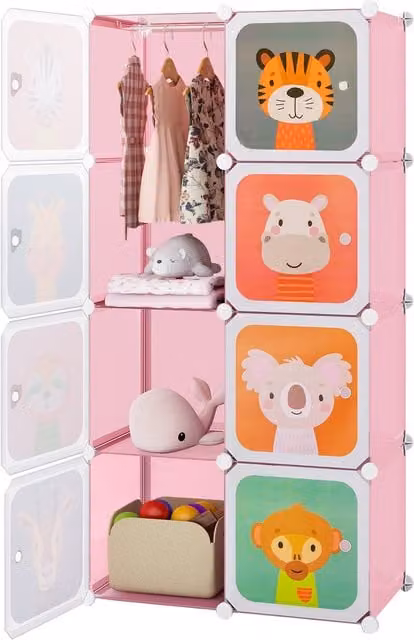 Costway 8-Cube Pink Kids Wardrobe and Baby Closet with Hanging Rod and Internal Shelves