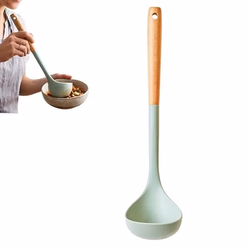 Premier Housewares Sage Green Silicone Head Ladle with Round Wood Handle, Heat-Resistant and Non-Scratch Kitchen Serving Spoon with Hanging Loop – 1