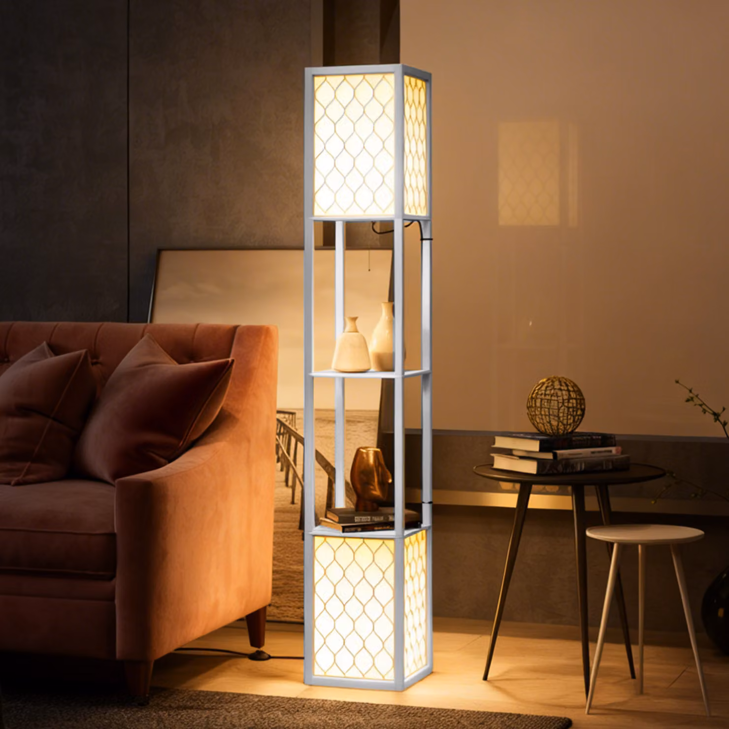 HOMCOM Modern White Floor Lamp with Shelves and Dual Up and Down Lighting – 7