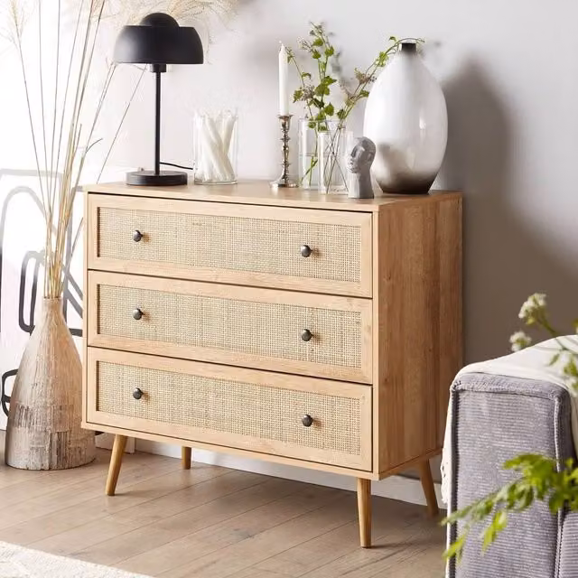 Wyld and Coco Ponca 3-Drawer Chest with Rattan Front and Pine Legs, Light Brown, W/D/H: 90 x 79 cm – 1