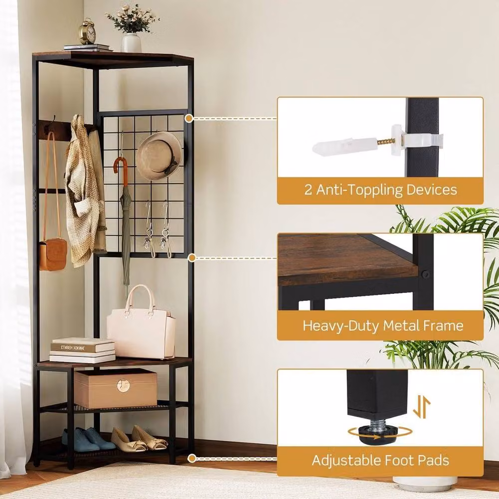 Kelvenix Industrial Hall Tree with Bench and Shoe Racks in Matt Black Metal – 3