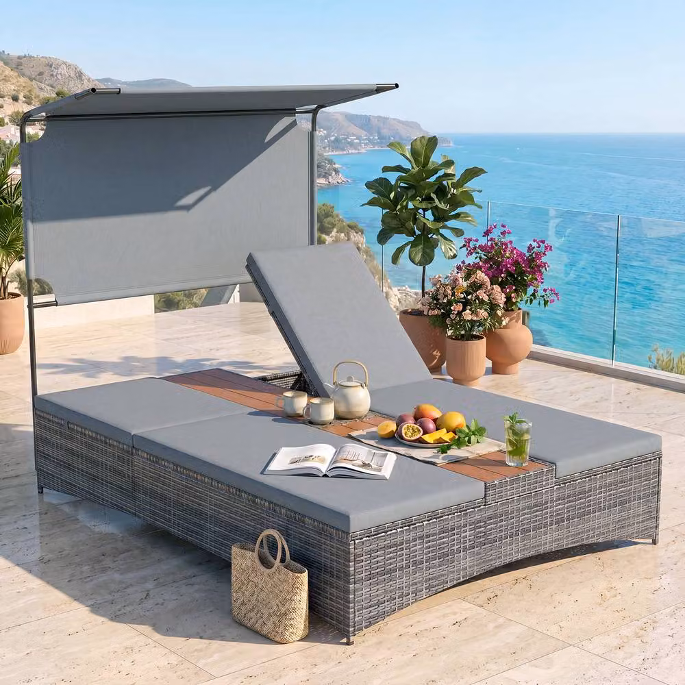 Costway 2-Person Grey Polyrattan Sun Lounger with Canopy, Central Table and Cup Holders – 3