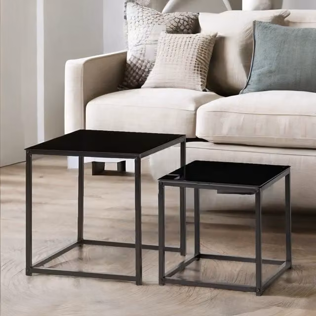 Rafaelo Mobilia Set of 2 Modern Square Nesting Tables in Black with Glass Tops – 1