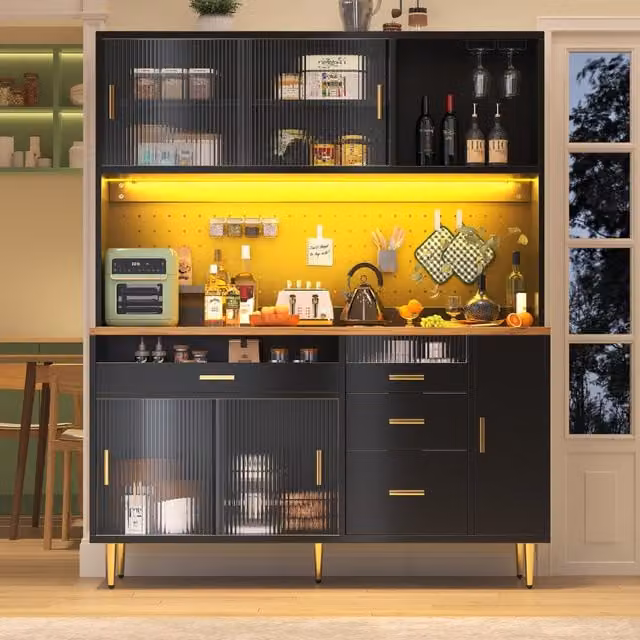Aosom UK Modern Black Highboard with App-Controlled LED Lighting and Sliding Glass Doors, W/D/H: 39 x 39 x 171 cm – 1