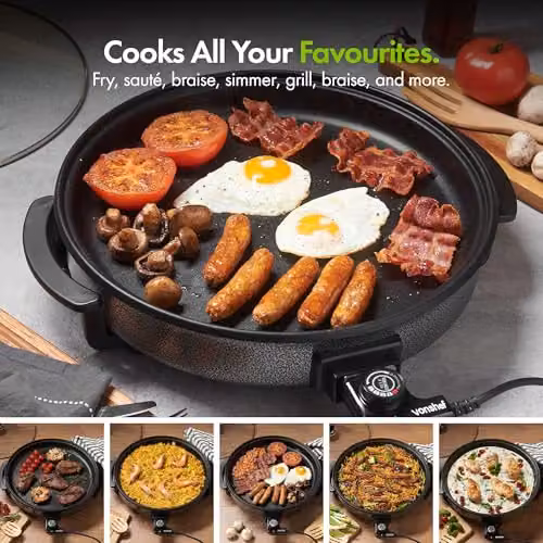 VonShef 6L Electric Frying Pan with Glass Lid, Black, 42cm Diameter, 1500W – 5