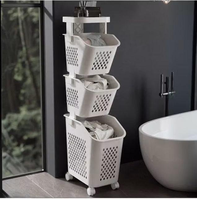 Living and Home 4-Tier Laundry Hamper Storage Rack with Casters in Grey