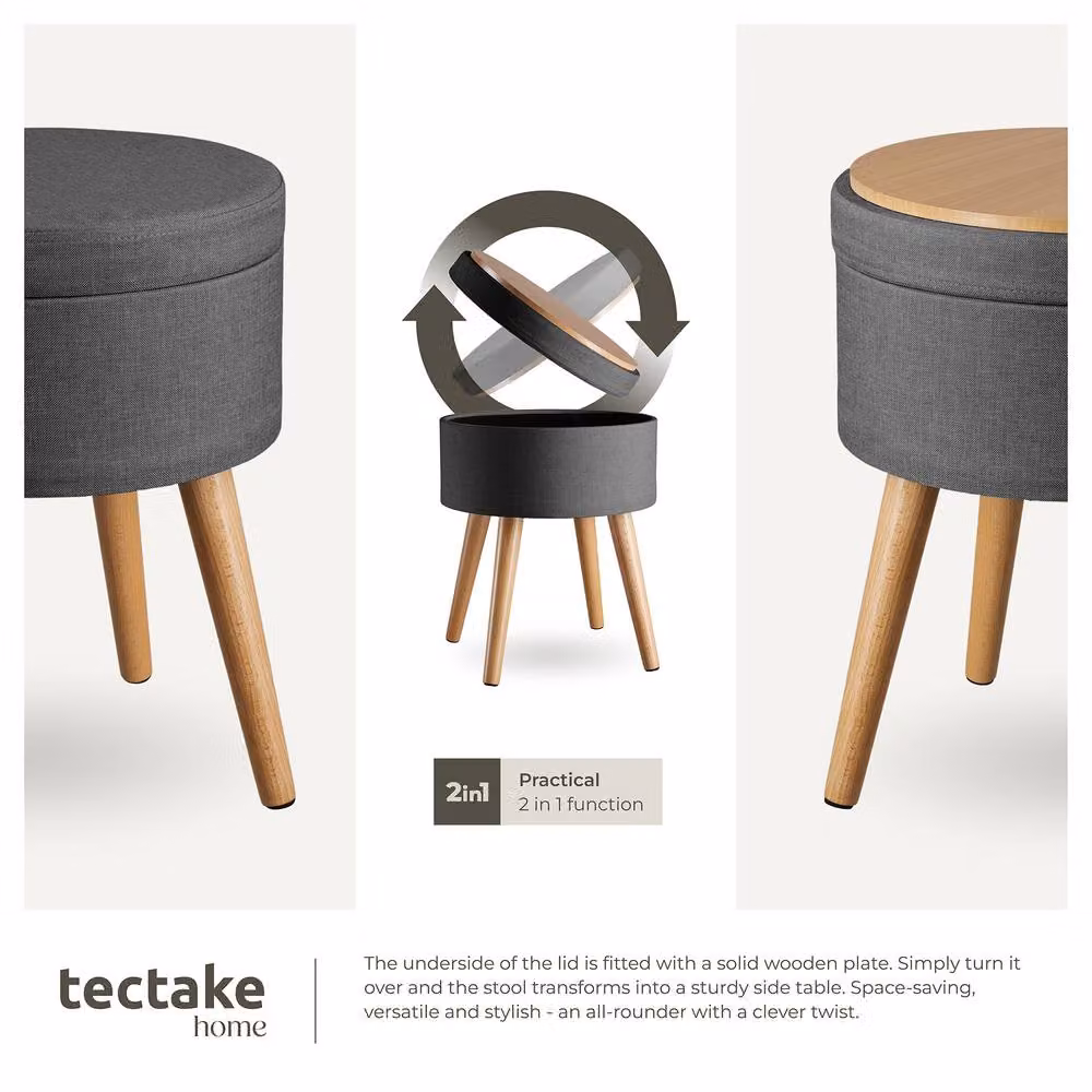 tectake Yara Round Storage Stool in Grey Fabric with Beech Legs, W/D/H: 45.5 x 42.5 x 42.5 cm – 8