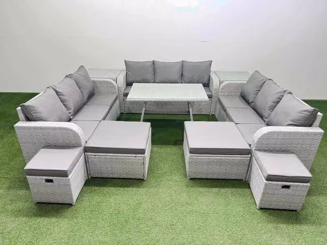 Fimous Modern Rattan Garden Furniture Set with Dining Table and 3 Seater Sofa in Light Grey