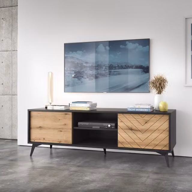 Abakus Direct Diamond Geometric Scandinavian TV Stand in Black and Oak Matt Wood Finish