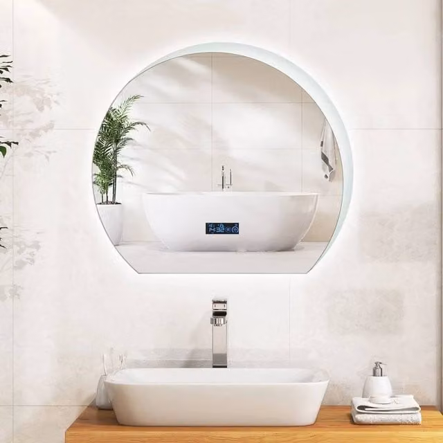 FORGEVIO Modern Half Circle LED Bathroom Mirror in White with Touch Switch and Dimmable Lighting