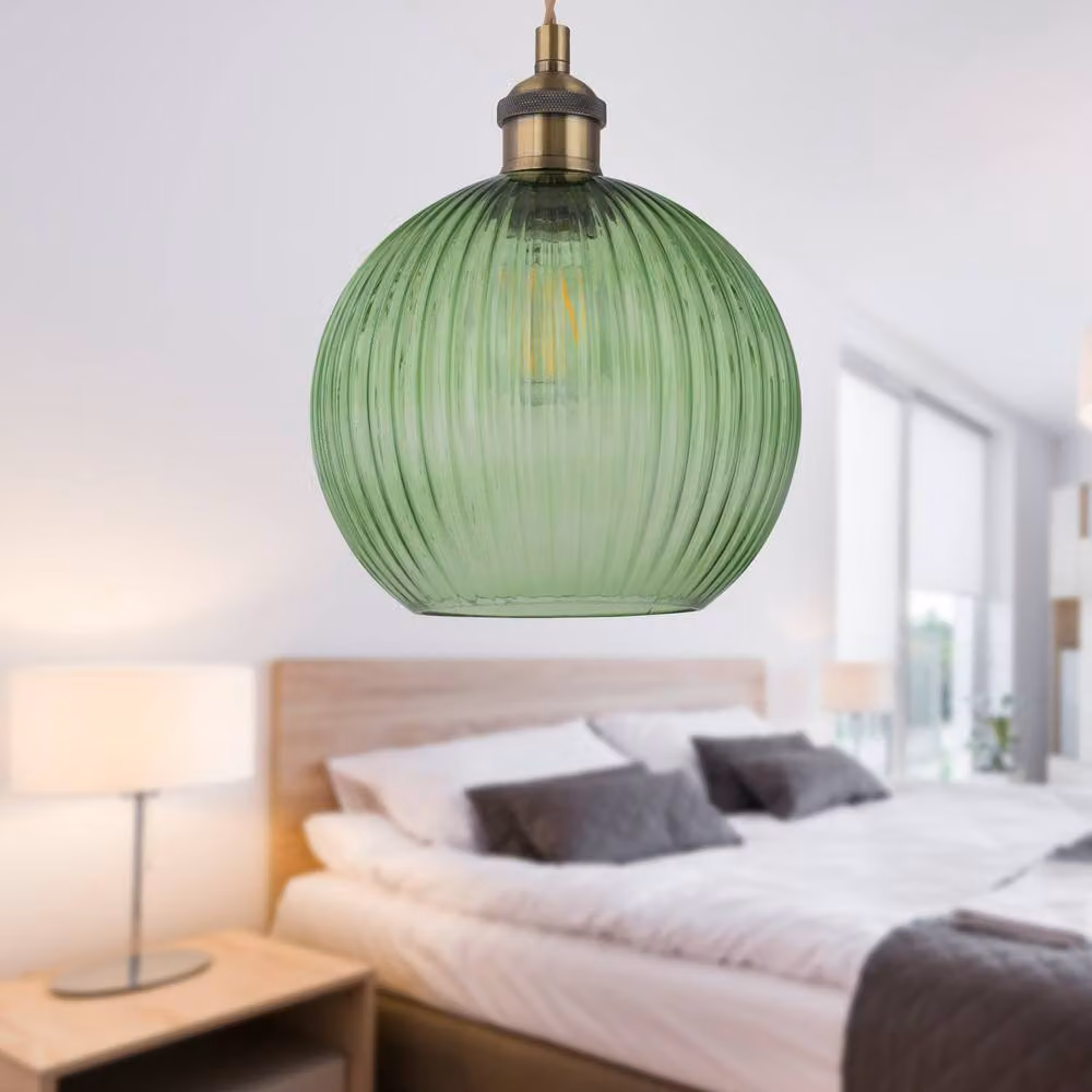 First Choice Lighting Betchley Antique Brass Braided Pendant with Green Ribbed Glass Shade – 2