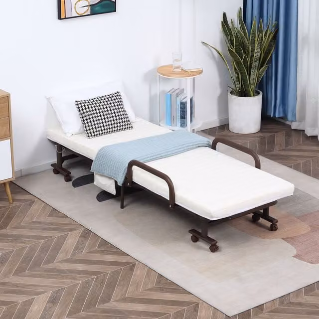 HOMCOM Single Folding Bed with Mattress and Adjustable Backrest in White, W/D/H: 90 x 200 cm