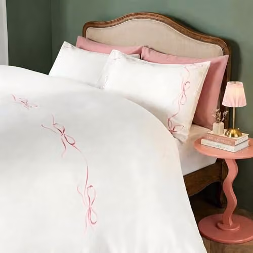 OHS Reversible Bow Border Microfibre Duvet Cover and Pillowcase Set, White and Pink, Duvet Cover: 200 x 200 cm, Pillowcase: 50 x 75 cm