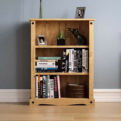 Vida Designs Corona Low Bookcase in Rustic Brown Waxed Pine and Black Metal, W/D/H: 107.0 x 29.0 x 75.0 cm – 3