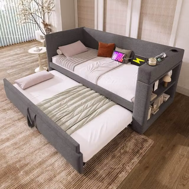 STILVORA Modern Grey Fabric Single Daybed with Trundle, Side Compartments and USB Charging Port, W/D/H: 90 x 190 cm – 1