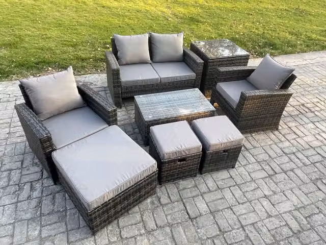 Fimous 7 Seater Outdoor Lounge Sofa Set with Rectangular Coffee Table in Dark Grey PE Rattan