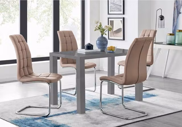 FurnitureboxUK Pivero Grey High Gloss Rectangular Dining Table and 4 Murano Chairs in Cappuccino