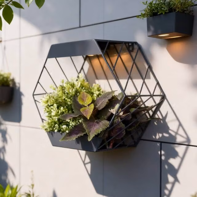 Gardenwize Black Metal Hexagon Solar Wall Planter with Warm White LED, W/D/H: 29.0 x 24.5 x 24.5 cm – 6