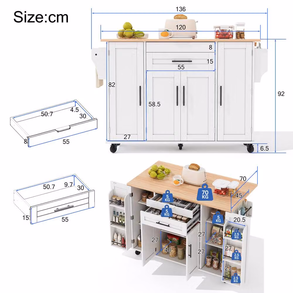 Merax Rolling Kitchen Island Trolley with Foldable Worktop in White, W/D/H: 120 x 45 x 92 cm – 6