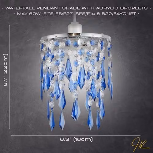 Happy Homewares Modern Waterfall Pendant Shade with Clear and Midnight Blue Acrylic Droplets and Chrome Metal Ring, Diameter: 16 cm – 3