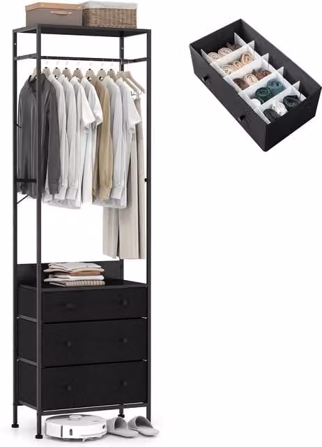 Gymax Freestanding Clothes Rack Closet Organiser with Drawers in Matt Black