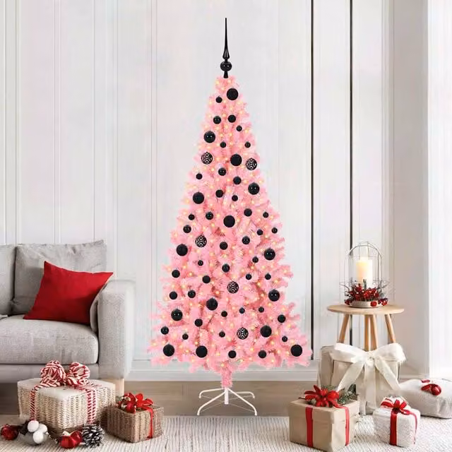 Berkfield Home Pink PVC Christmas Tree with 300 LEDs and Stand, Height: 180 cm