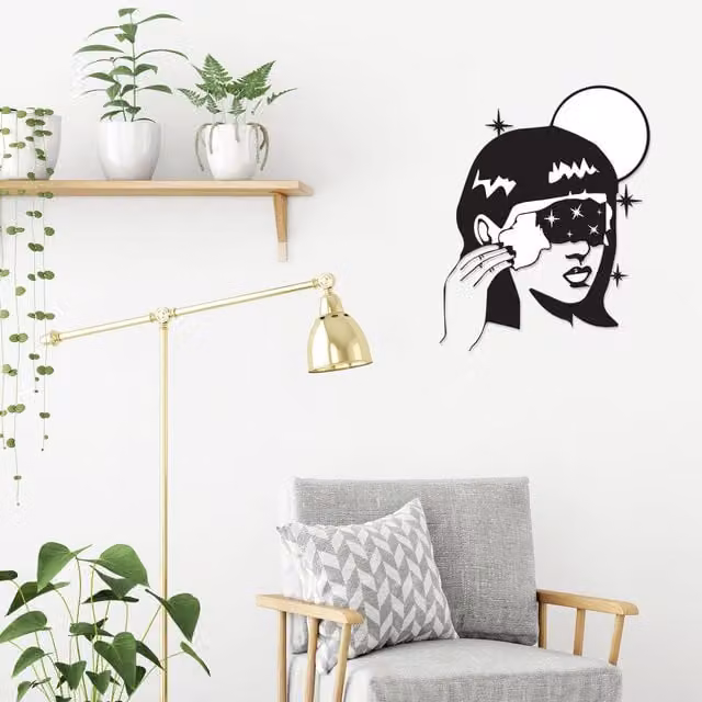 Decortie Space Girl Metal Wall Art Decorative Object, Black, H 60 cm x W 60 cm x D 1 cm