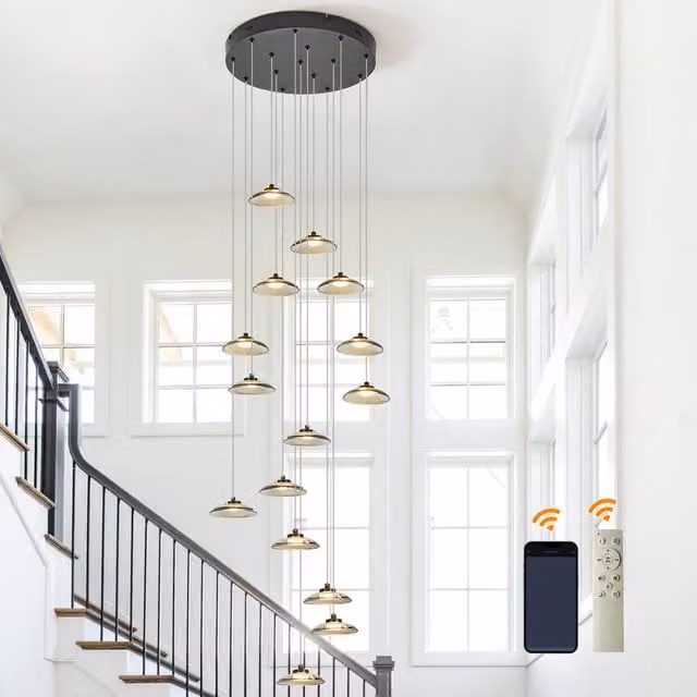 Garwarm 15 Light LED Dimmable Pendant Chandelier in Grey with Remote Control and Height Adjustment