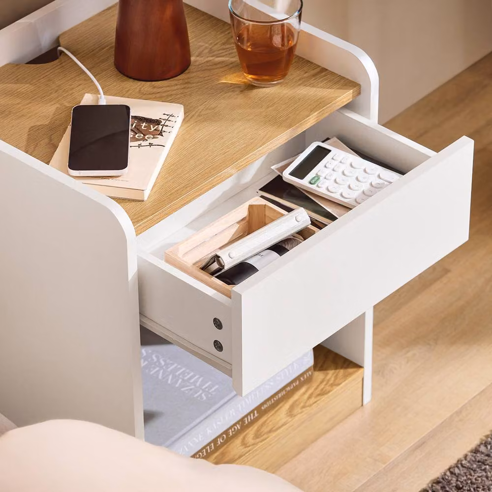 SoBuy Modern White Nightstand with Drawer and Cable Management Grommet – 4