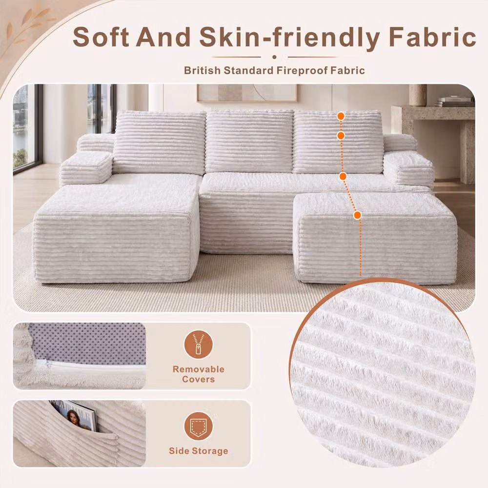 Mimo Modular L-Shape Chaise Sofa Set in Grey Corduroy Fabric with Storage and Matching Ottoman – 2