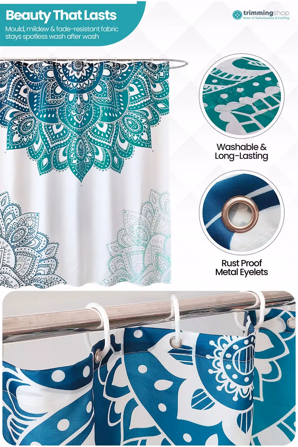 Neel Blue Mandala Flower Waterproof Polyester Bathroom Shower Curtain in Green and Blue, W: 180 cm, H: 200 cm – 3