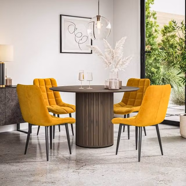 More4Homes Arlo Walnut Round Dining Table and Nova Velvet Dining Chairs Set of 6 in Yellow – 1