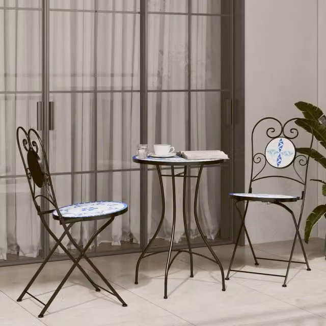 Berkfield Home Beautiful Bistro Chairs, Set of 2, Blue and White Geometric Ceramic and Metal Foldable Garden Chairs – 1
